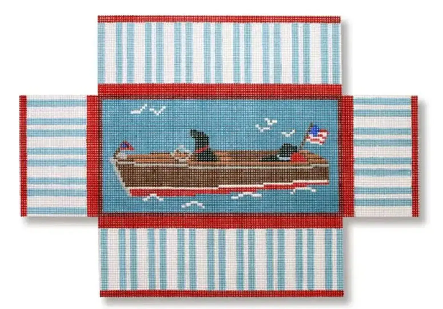 A Cecilia Ohm Eriksen cross stitch kit featuring two dogs in a boat.