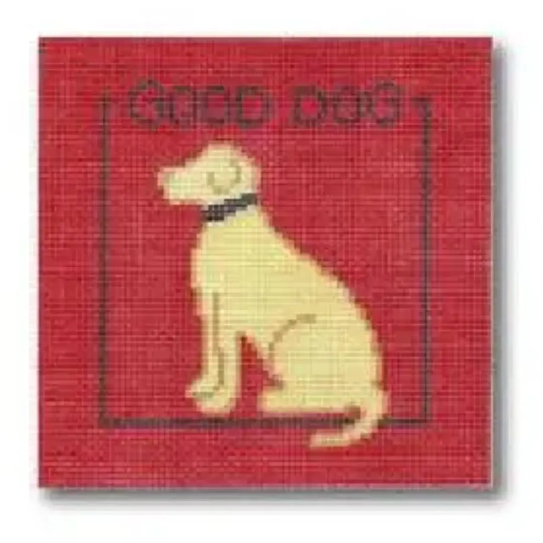 A cross stitch pattern featuring a dog on a vibrant red background created by Cecilia Ohm Eriksen.