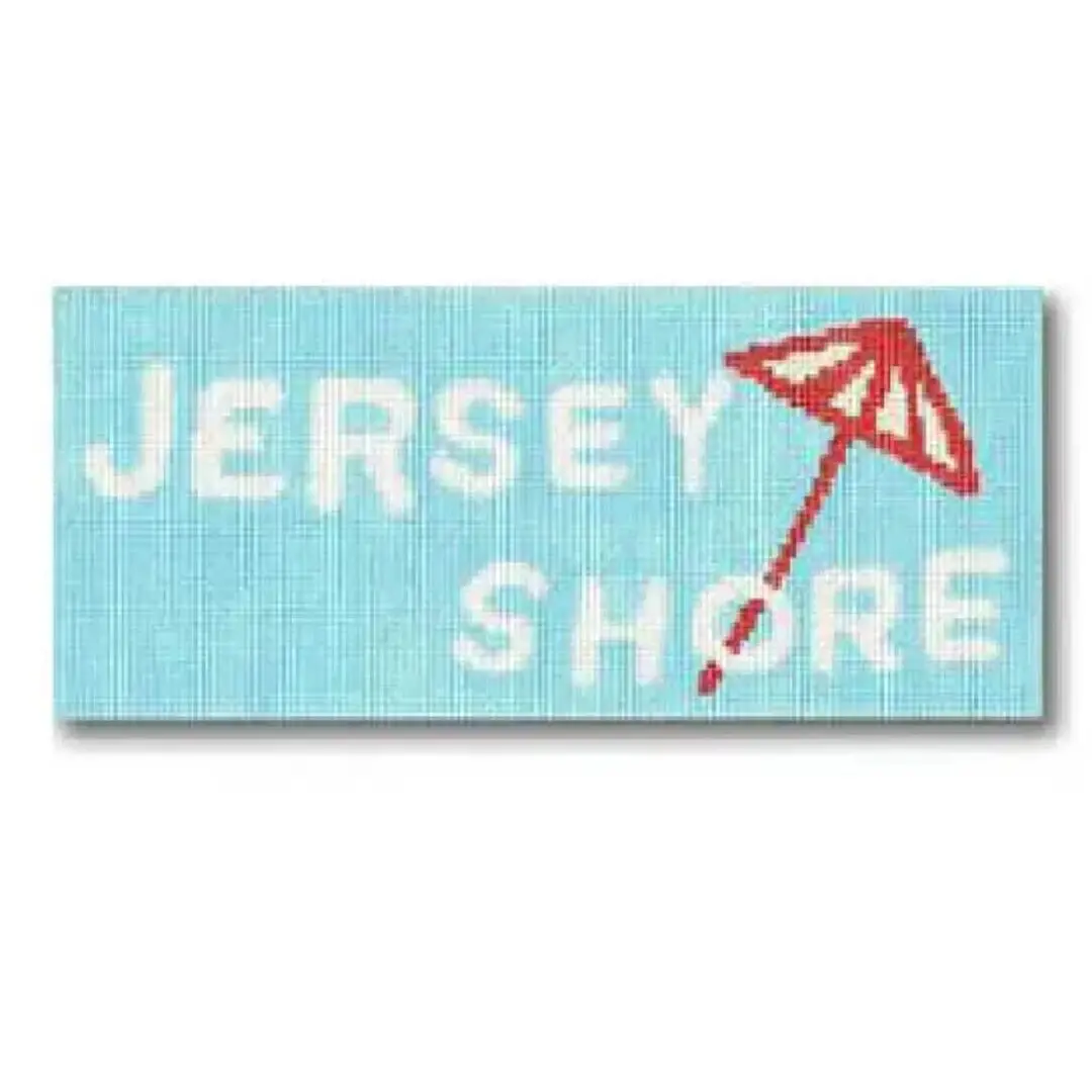 A blue rug with the word jersey shore on it, Cecilia