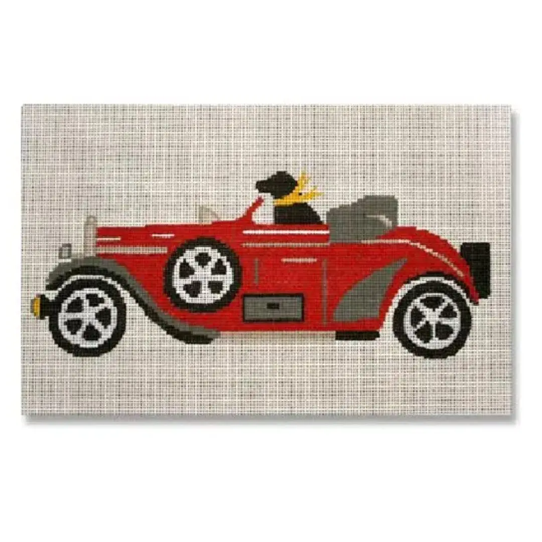Cecilia and Ohm, a red car with a dog in it on a white background.