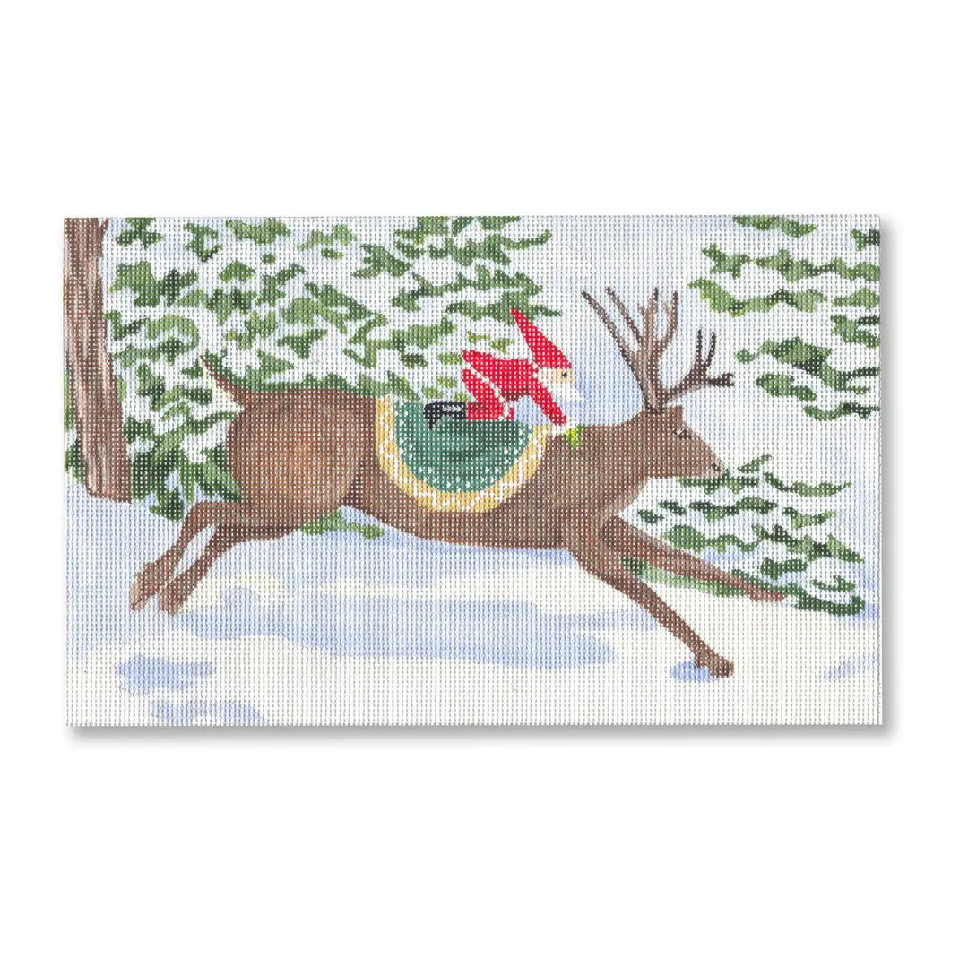 A painting of an elf riding a reindeer in the snow from the Ciao Bella Collection.