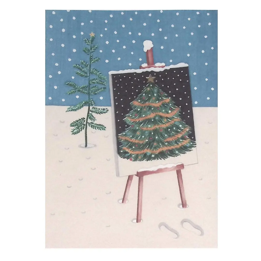 A christmas card with a christmas tree on an easel.