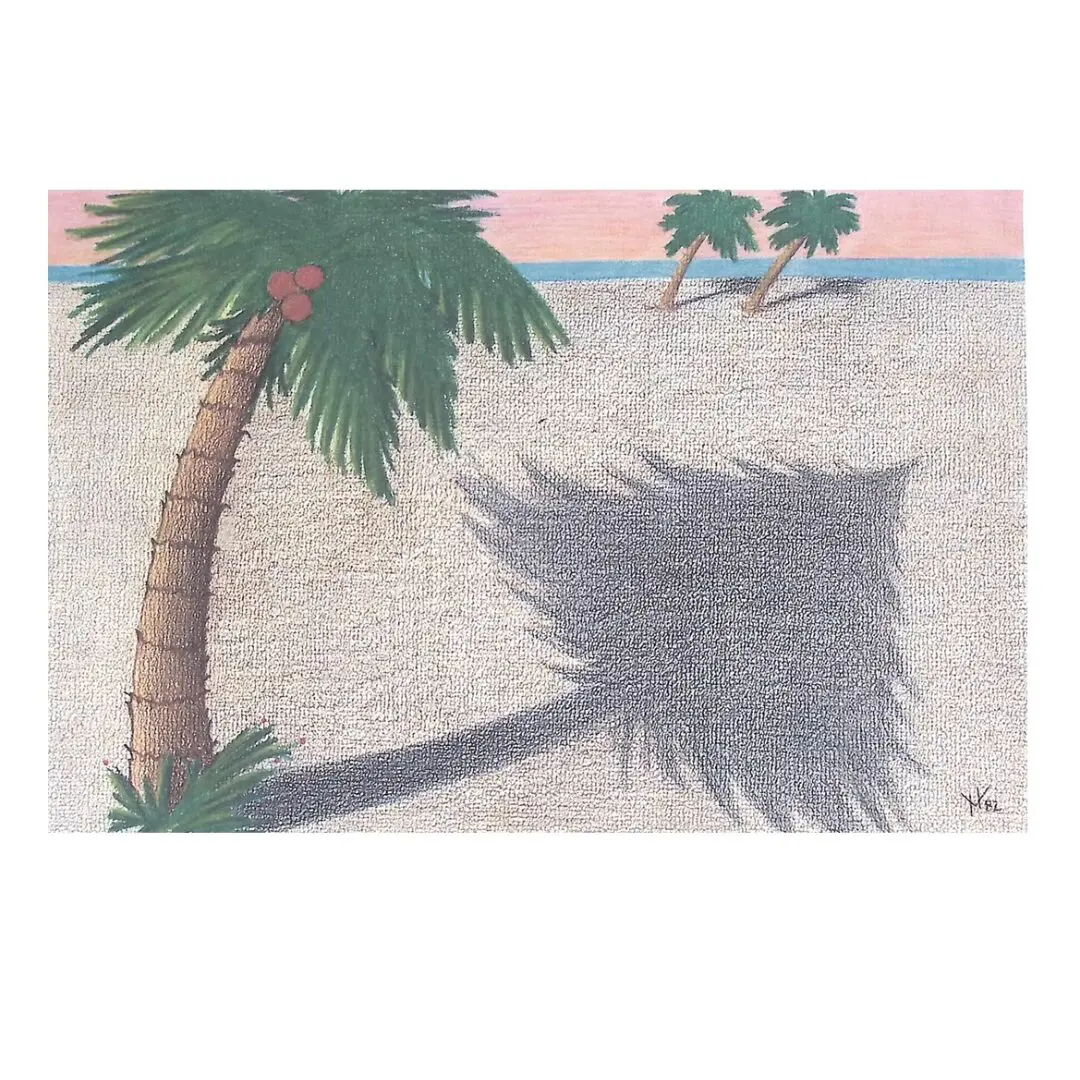 A painting of a palm tree on the beach.