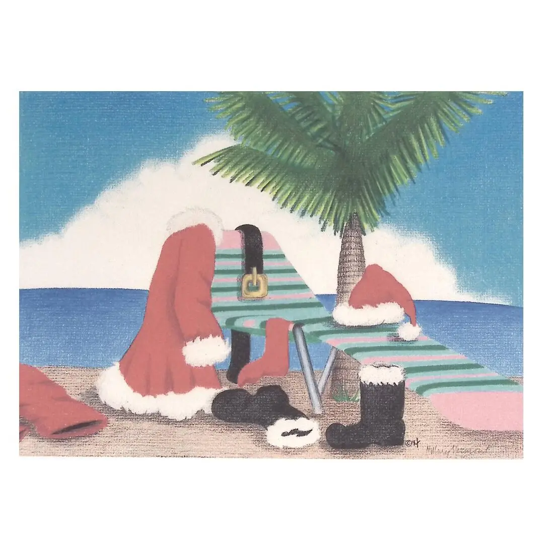 A drawing of a santa claus sitting on a beach chair next to a palm tree.
