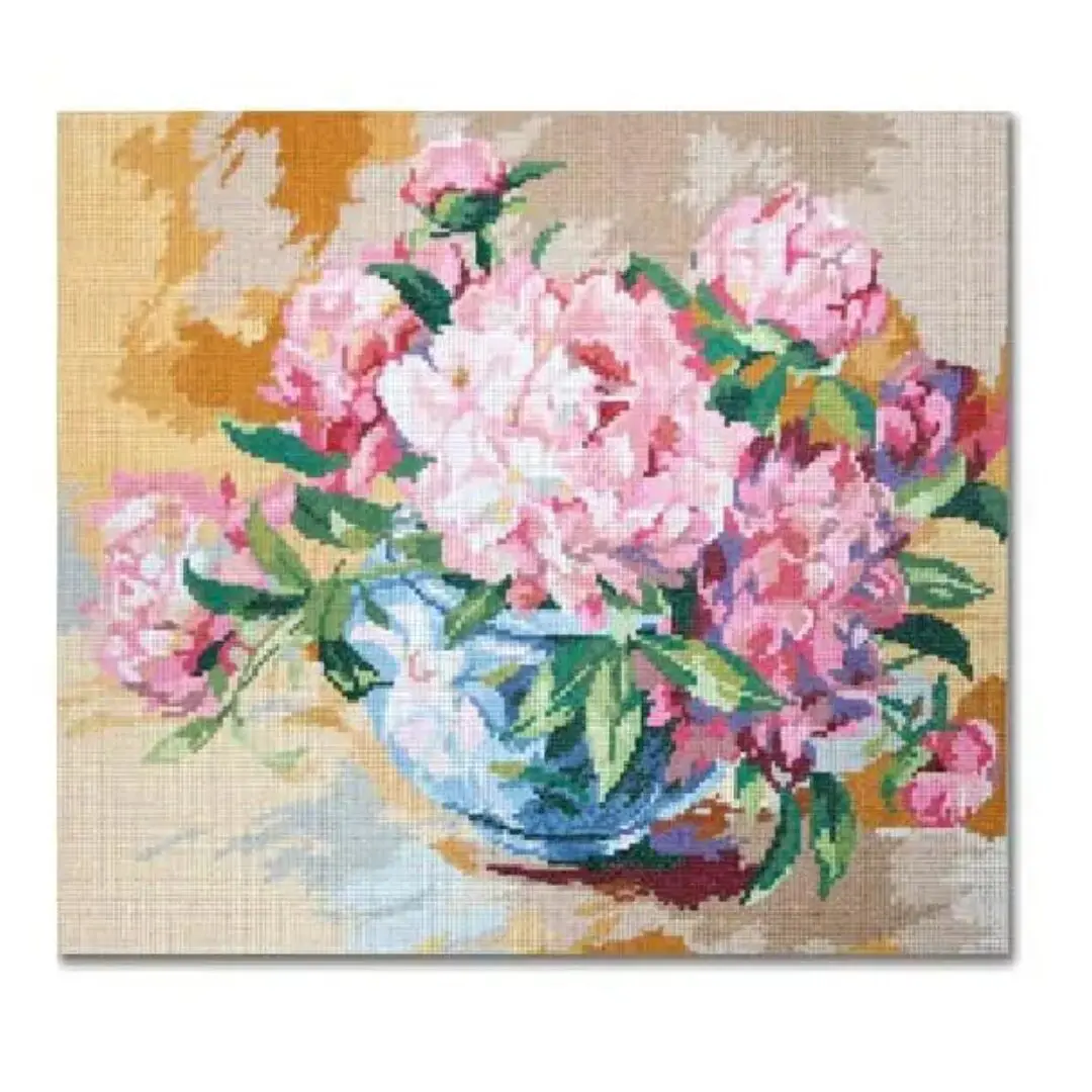 Cecilia Ohm Eriksen's Peonies cross stitch kit features beautifully designed peonies in a blue vase.