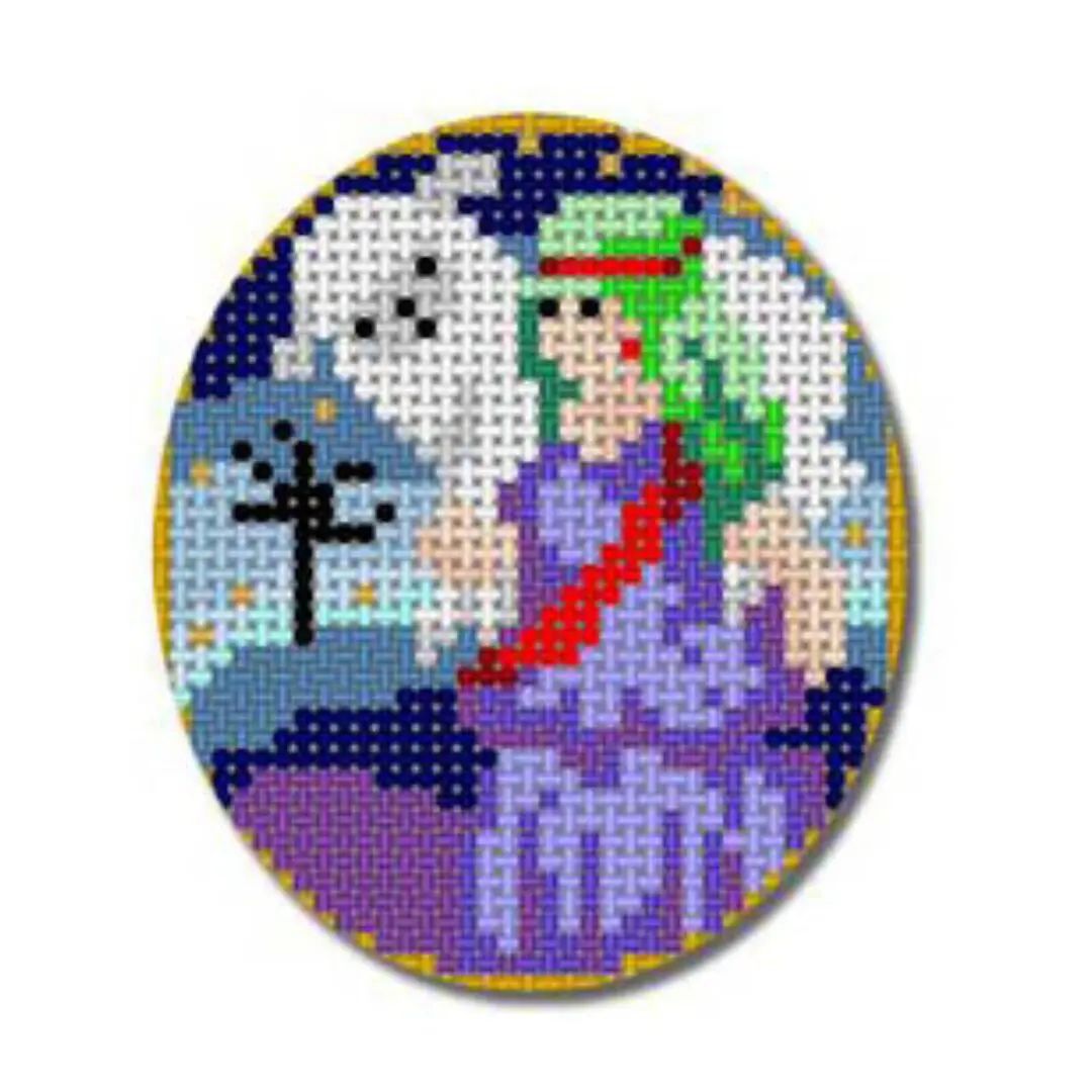 A cross stitch pattern of Cecilia holding a wand.