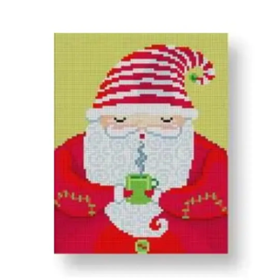 A Cecilia Ohm Eriksen cross stitch pattern featuring Santa Claus and a cup of coffee.