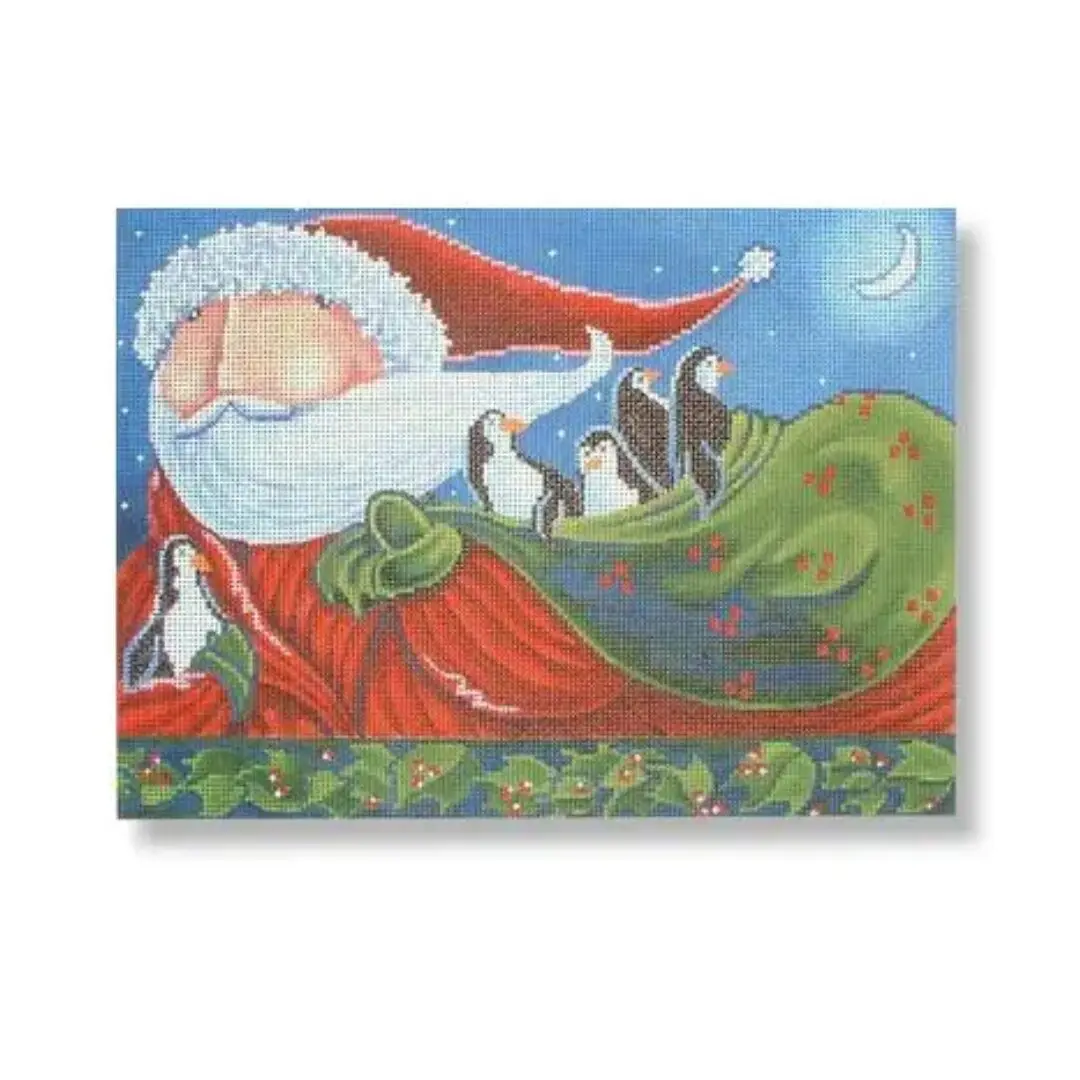 A painting of Santa Claus with penguins on his sleigh, by Cecilia Ohm Eriksen.