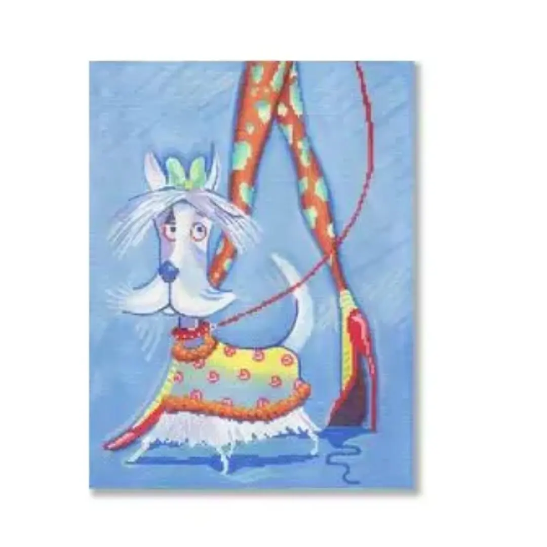 A whimsical painting of a dog on a leash, created by Cecilia Ohm Eriksen.