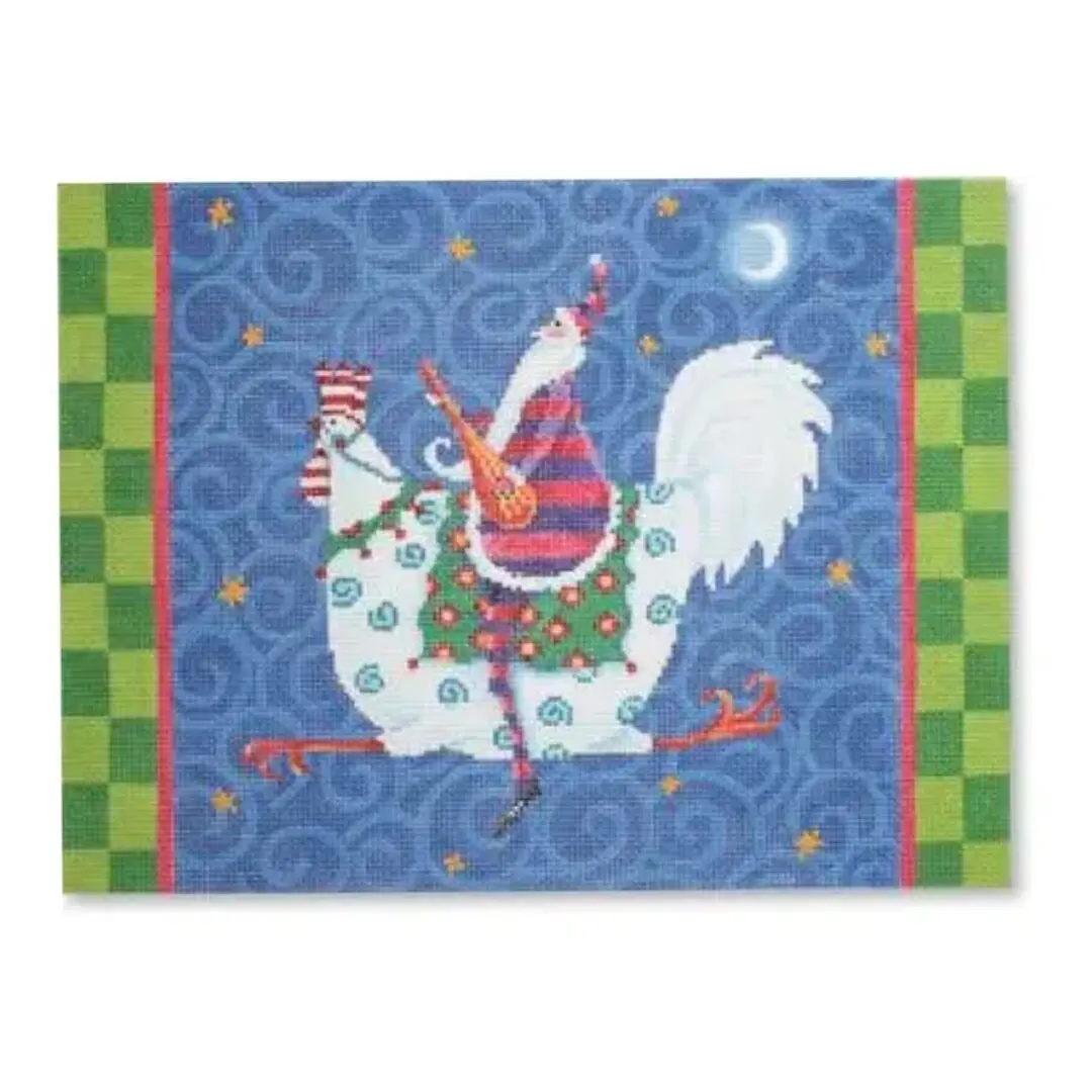 Cecilia Ohm Eriksen dressed as Santa is riding a chicken placemat.