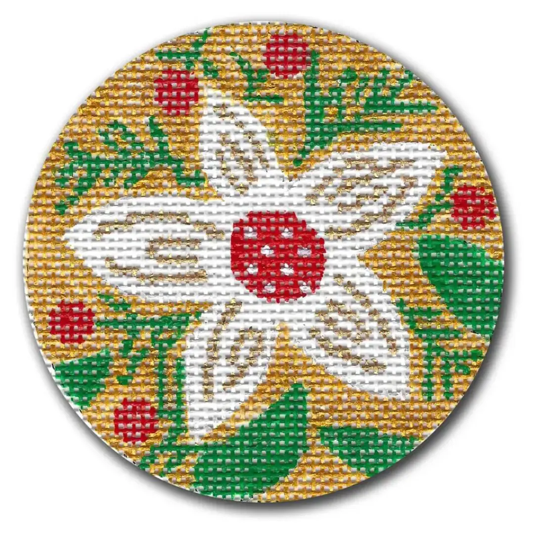 A cross stitch pattern of a flower with Cecilia Ohm Eriksen's signature berries on it.