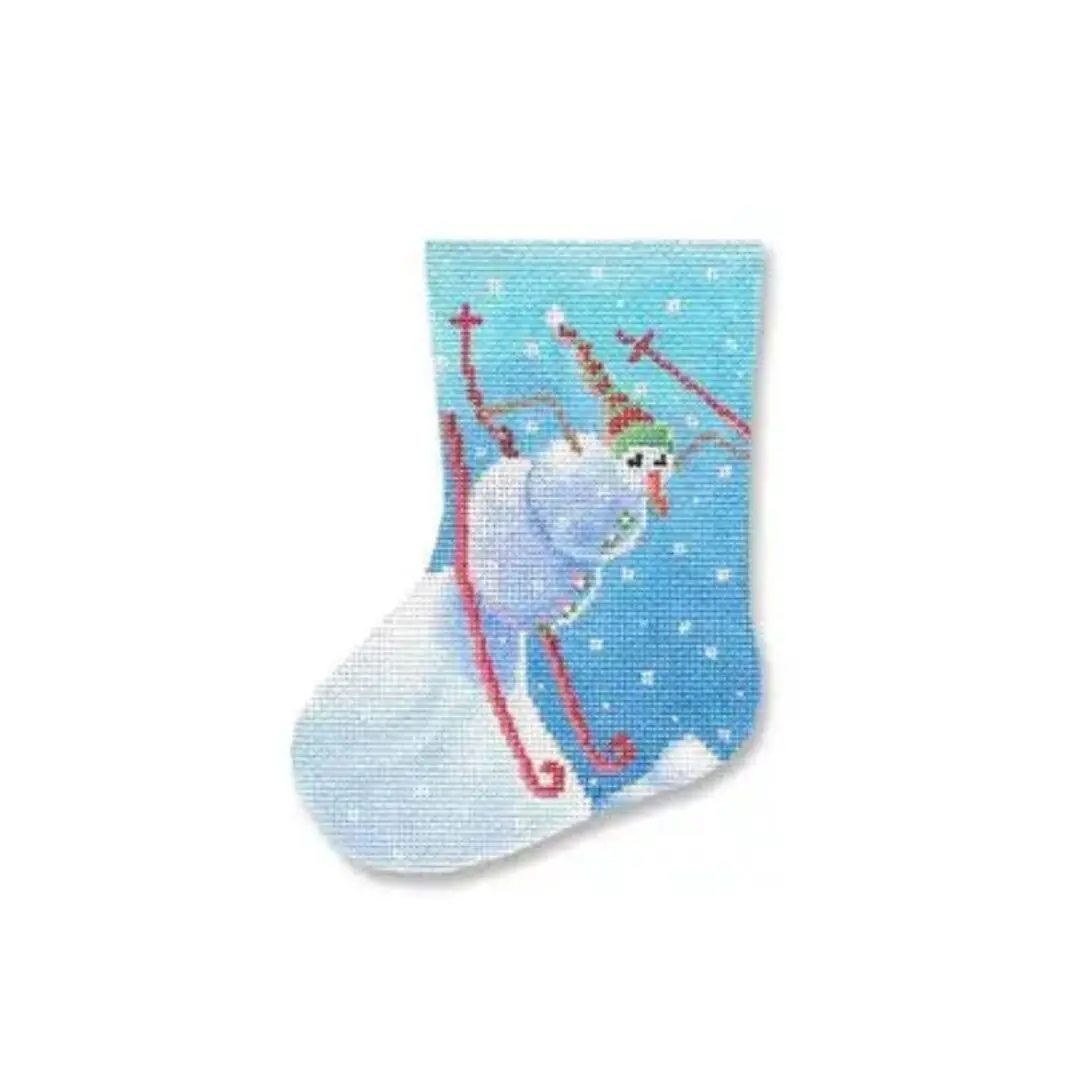 A Christmas stocking featuring a snowman on skis that was designed by Cecilia Ohm Eriksen.