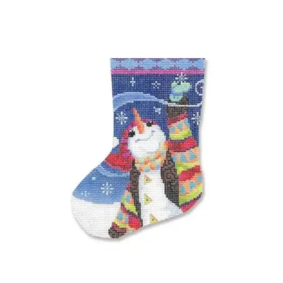 A Christmas stocking with a snowman on it, designed by Cecilia Eriksen.