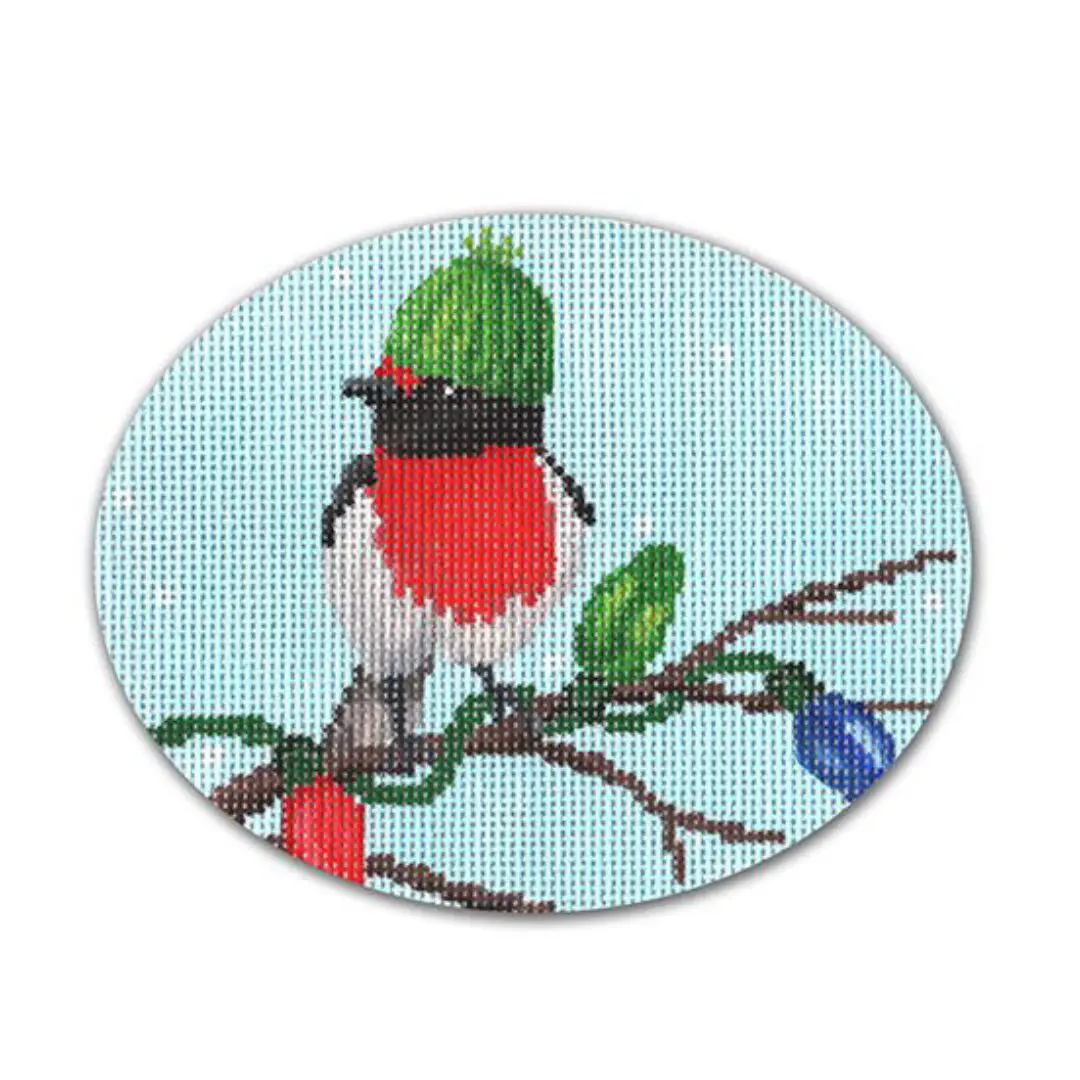 A red robin perched on a branch adorned with Christmas lights, captivated by the festive display - Cecilia Ohm.
