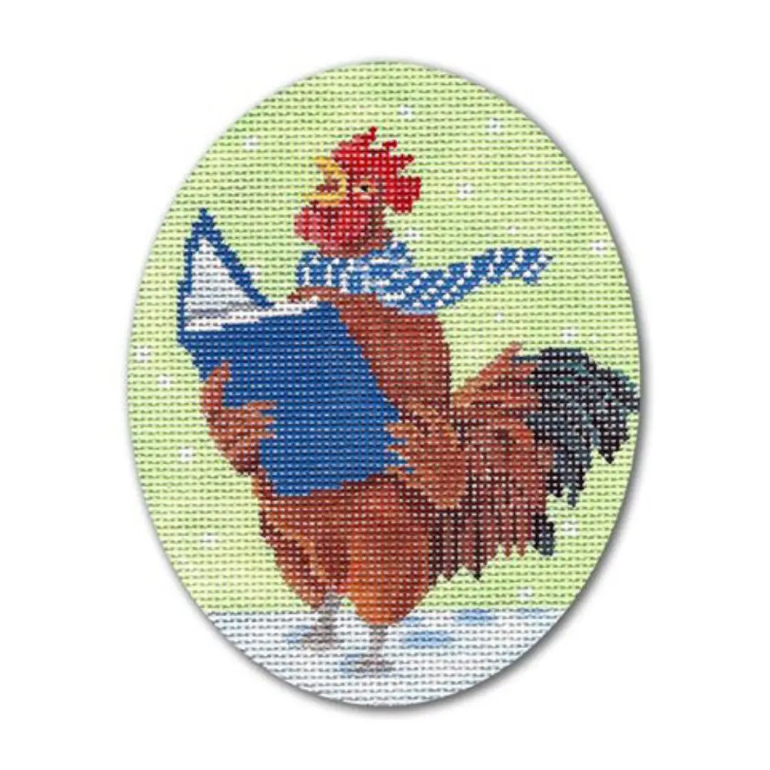 A cross stitch picture of a rooster reading a book, inspired by the artistic style of Cecilia Ohm Eriksen.