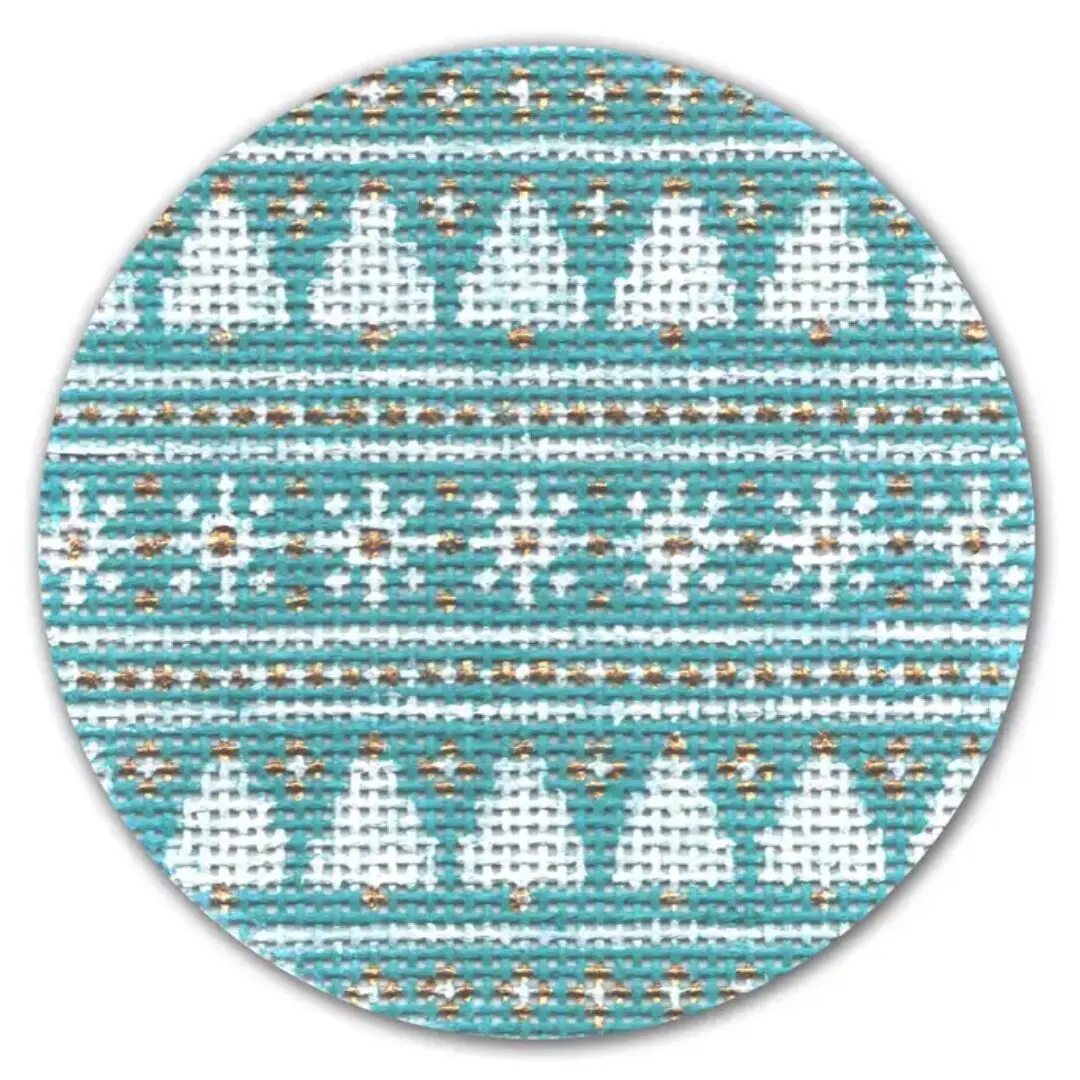 A blue and white cross stitch pattern on a round plate featuring Cecilia Ohm Eriksen's design.