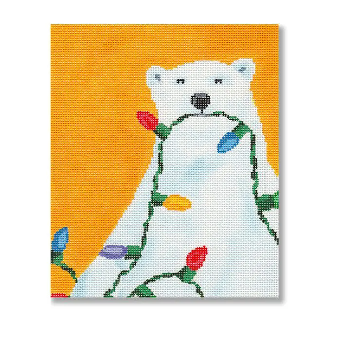 A painting of a polar bear holding christmas lights.