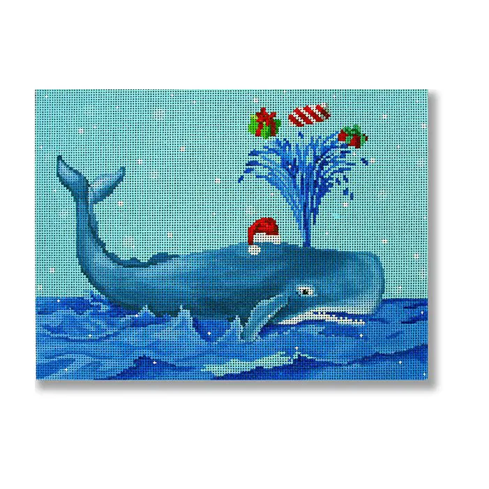 A painting of a whale with a santa hat on it.