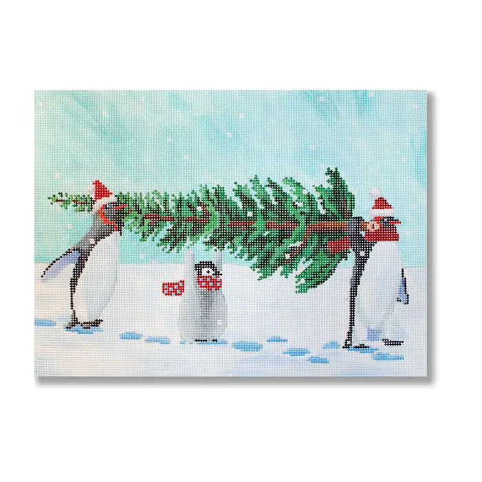 A painting of penguins carrying a christmas tree.