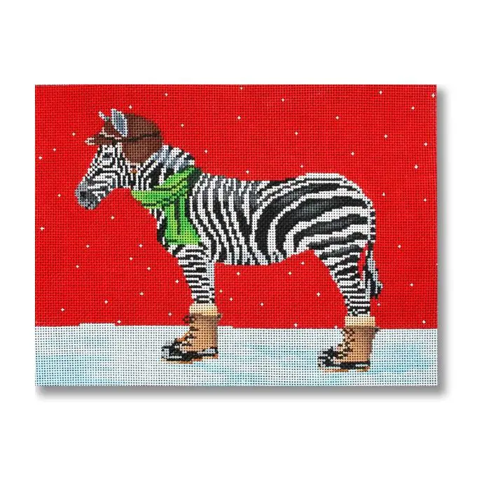 A painting of a zebra wearing a scarf and boots.