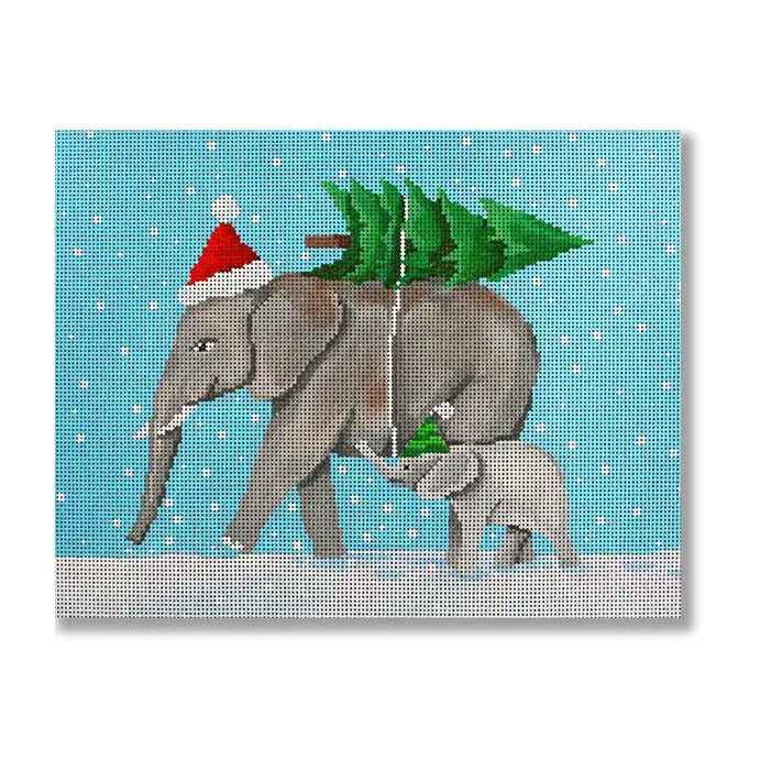 A painting of an elephant carrying a christmas tree.