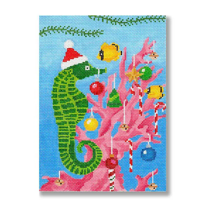 A seahorse with christmas ornaments on a tree.
