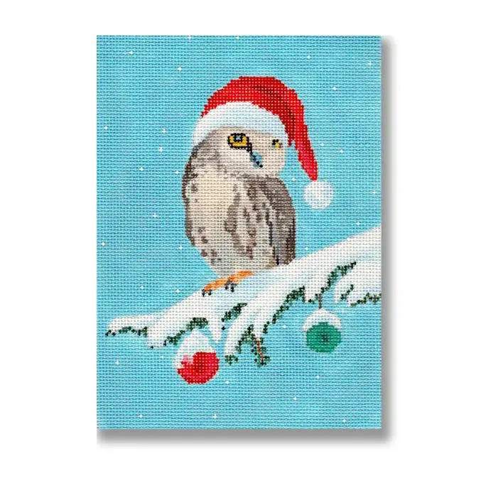 A painting of an owl in a santa hat.
