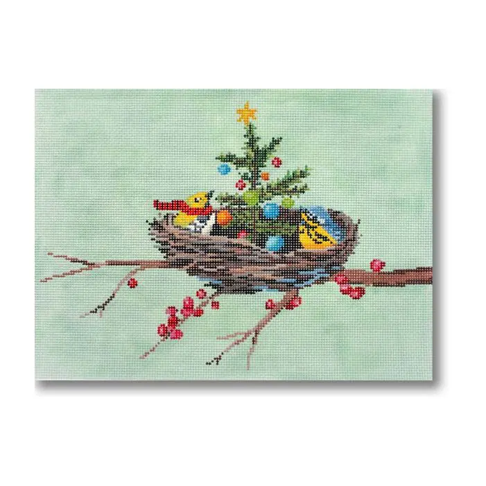 A painting of birds in a nest on a tree branch.