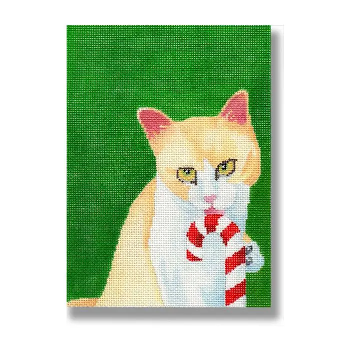 A painting of a cat holding a candy cane.