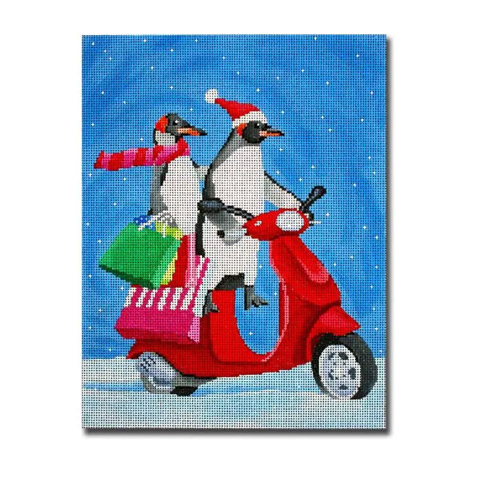 Two penguins riding a scooter with shopping bags.