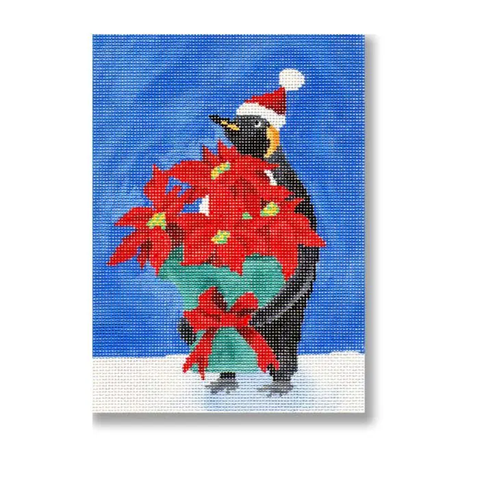 A penguin in a santa hat holding a bouquet of poinsettias.