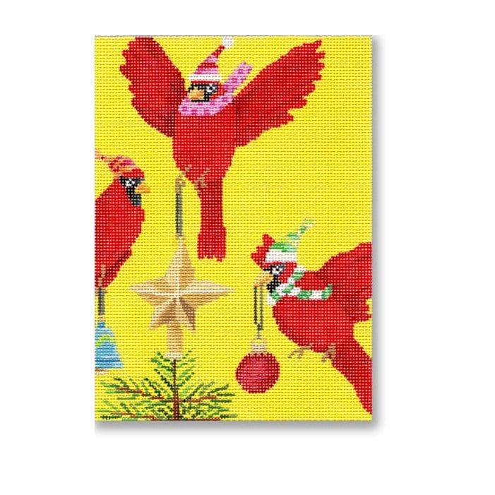 Red cardinals with christmas ornaments on a yellow background.