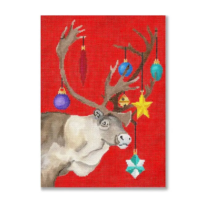 A painting of a reindeer on a red background.