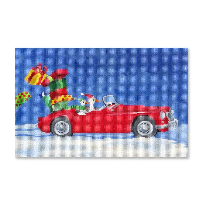 A painting of a red sports car with presents in the snow.