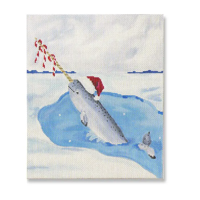 A painting of a narwhal with a santa hat on its head.