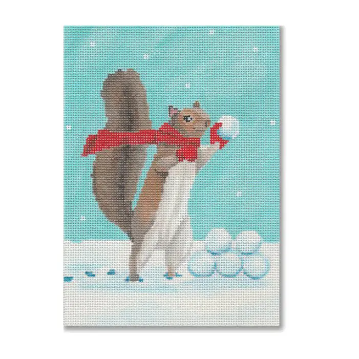 A painting of a squirrel playing with snowballs.
