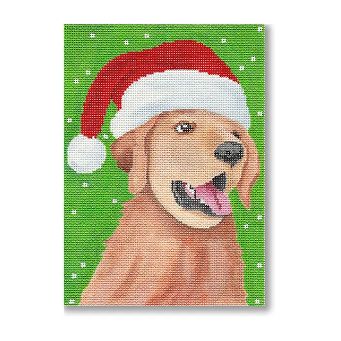 A painting of a golden retriever wearing a santa hat.
