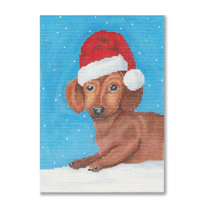 A painting of a dachshund wearing a santa hat.