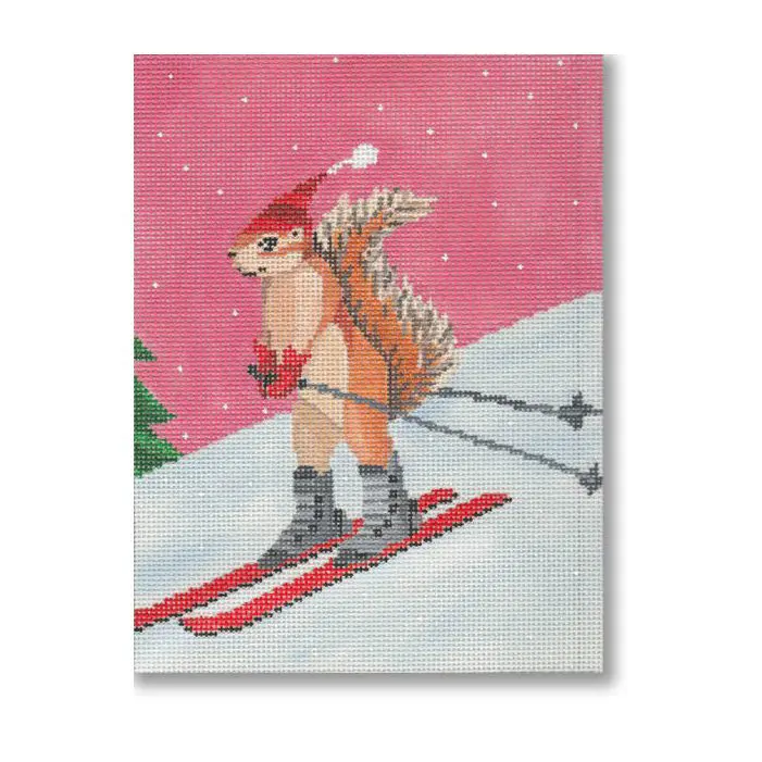 A squirrel on skis on a pink background.