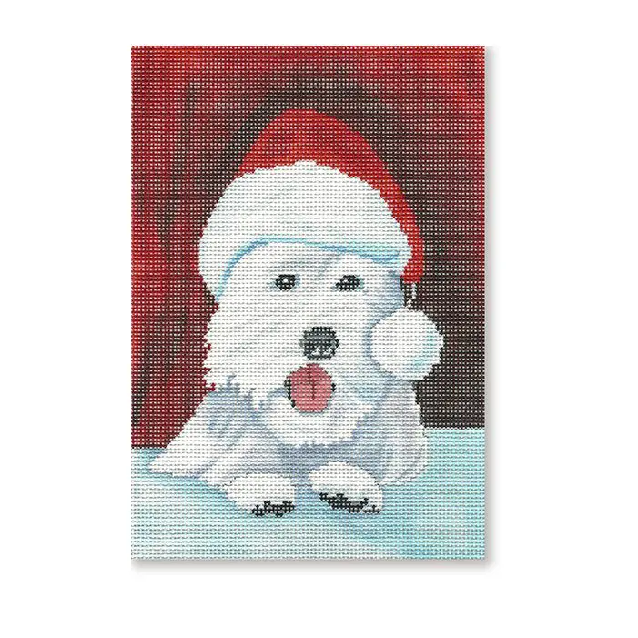 A painting of a white dog in a santa hat.