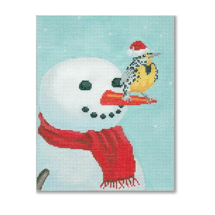 A painting of a snowman with a bird on his head.