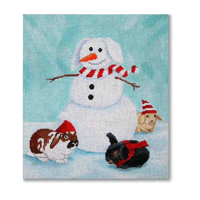 A painting of a snowman with dogs and bunnies.