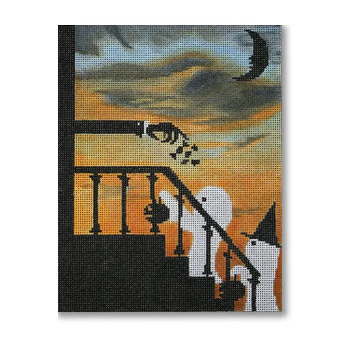 A painting of a ghost on a stair railing.