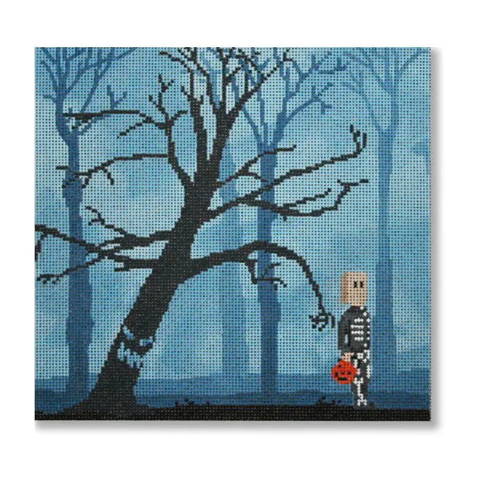 A cross stitch picture of a man with a pumpkin in front of a tree.