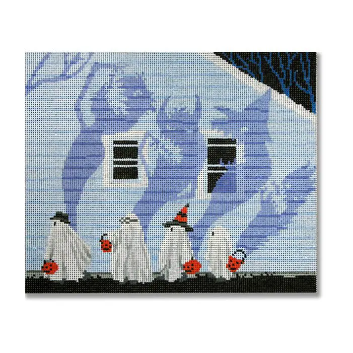 A painting of a group of ghosts in front of a house.
