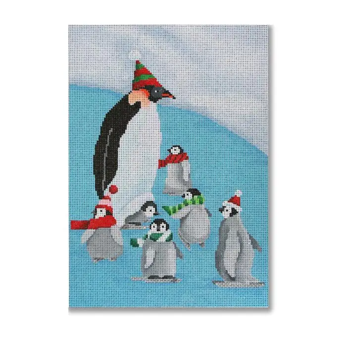A painting of penguins with christmas hats and santa hats.