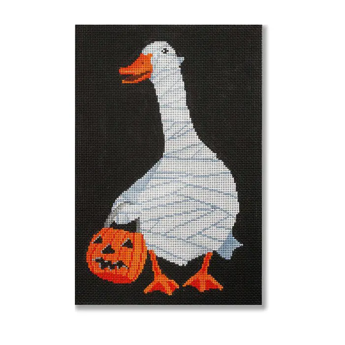 A painting of a goose with a pumpkin in its mouth.