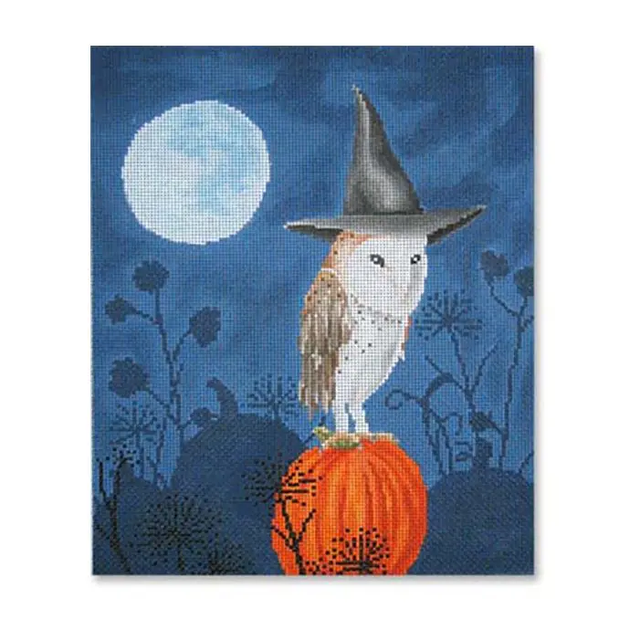 An owl in a witch hat sitting on a pumpkin.