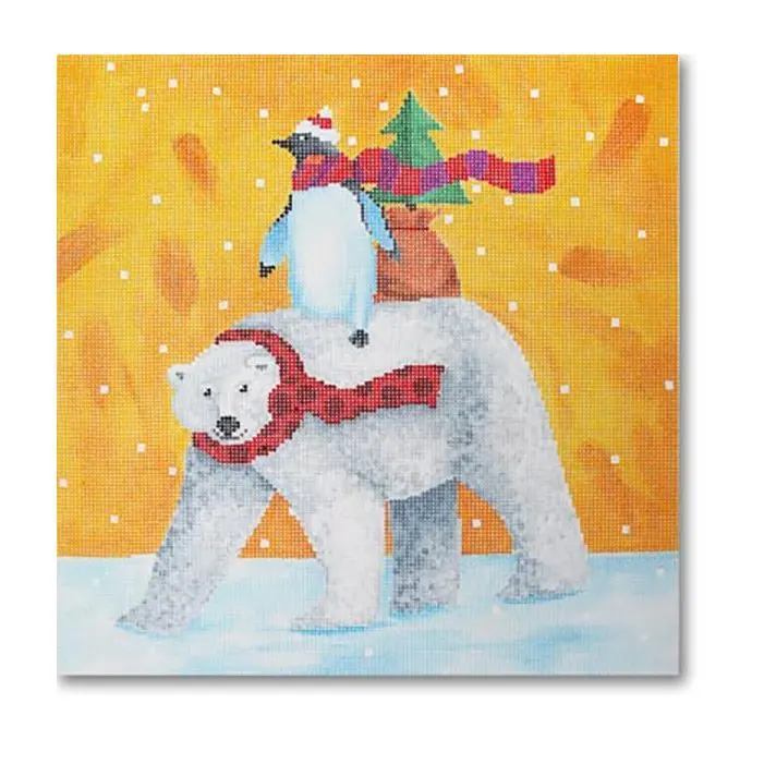A painting of a polar bear with a penguin on his back.