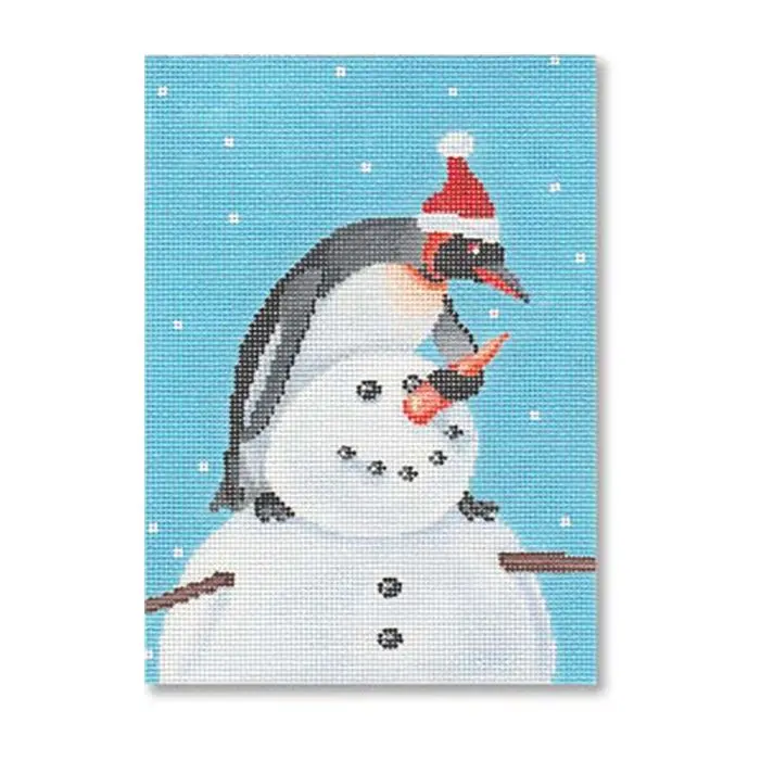 A painting of a penguin on top of a snowman.